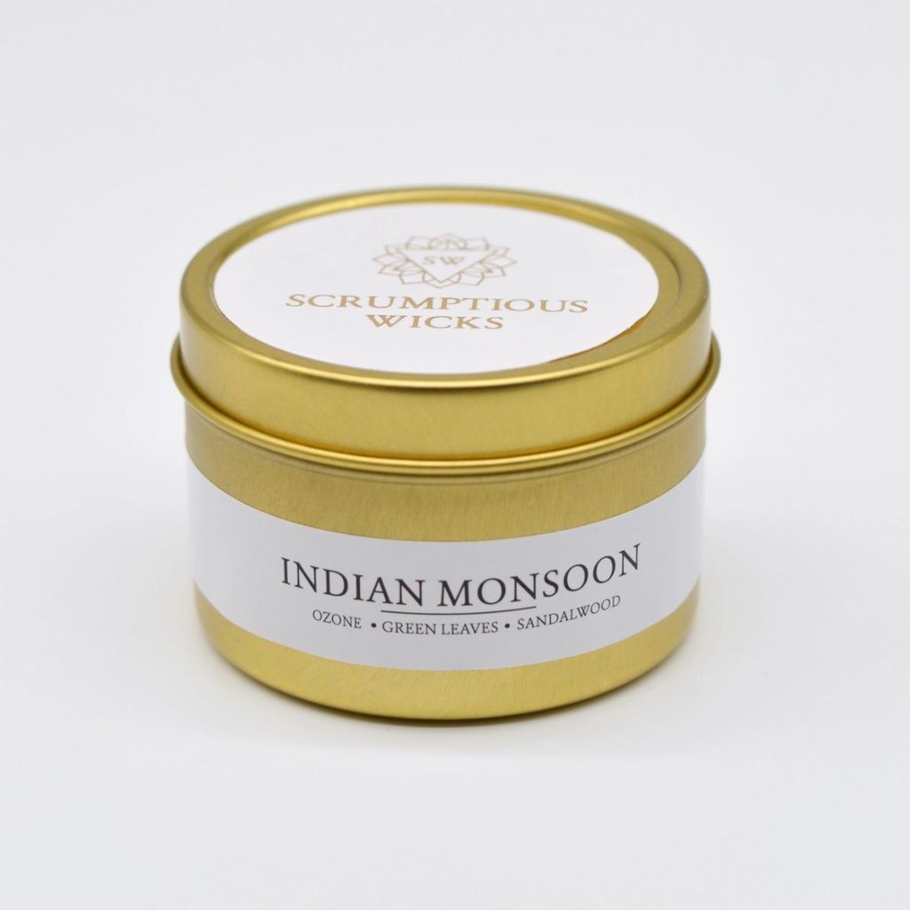 Scrumptious Wicks Gold Tin Candle - Indian Monsoon
