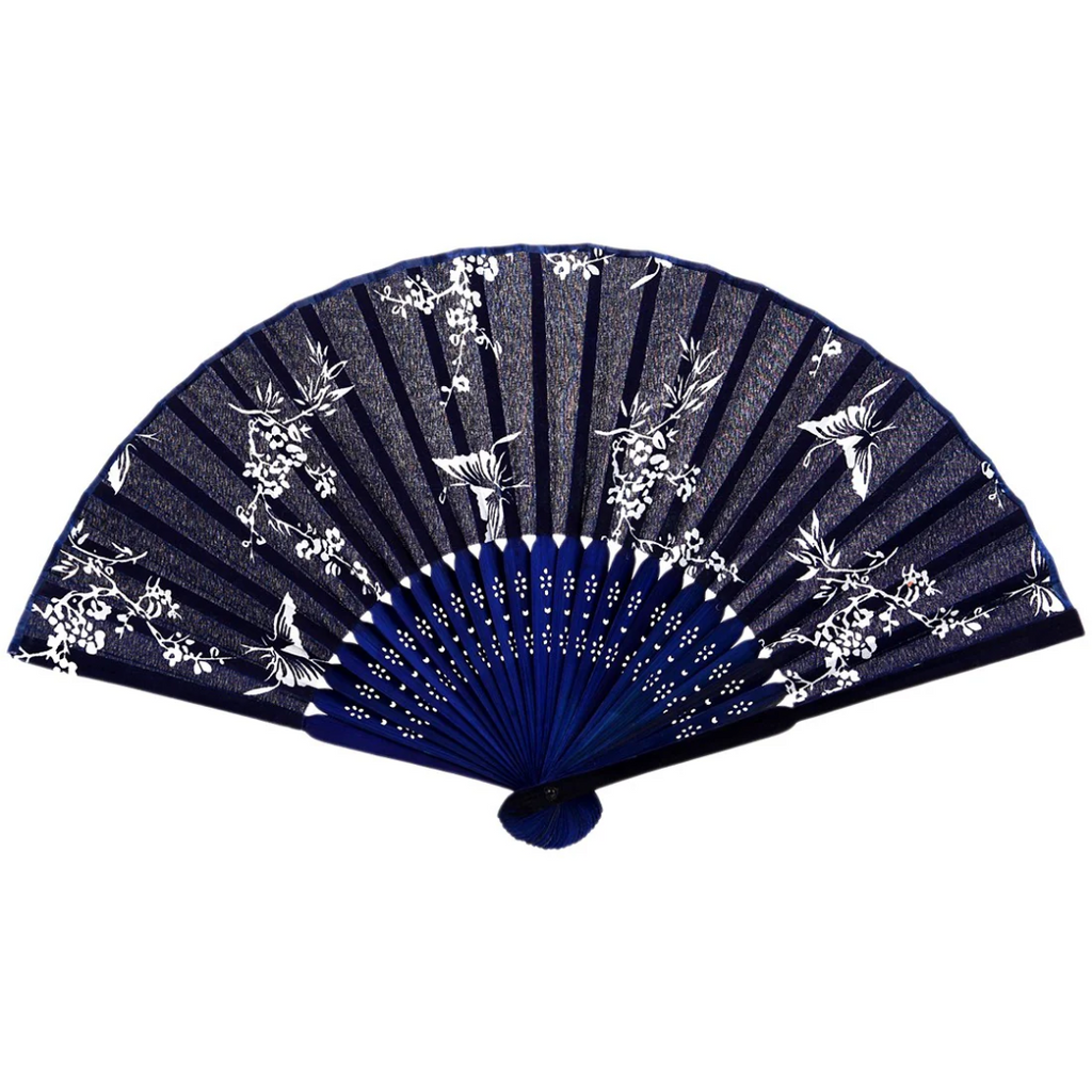 Indigo Batik Fabric Folding Hand Fan with Bamboo Handle