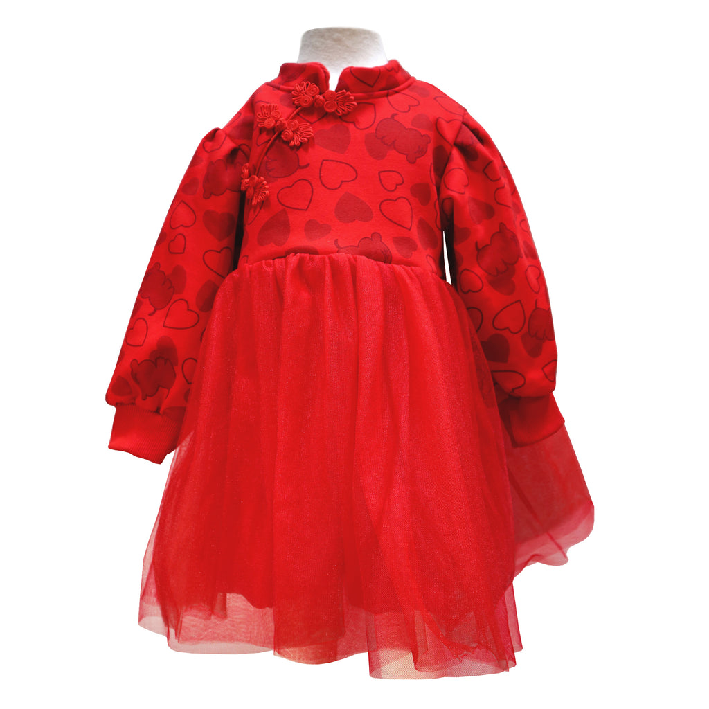 Girls Long Sleeve Qipao with Tulle Skirt - Red with Hearts