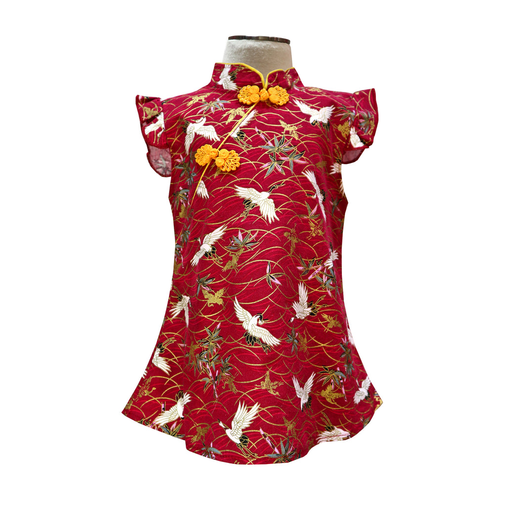 Girls Ruffle Sleeve A-Line Qipao - Red with Cranes