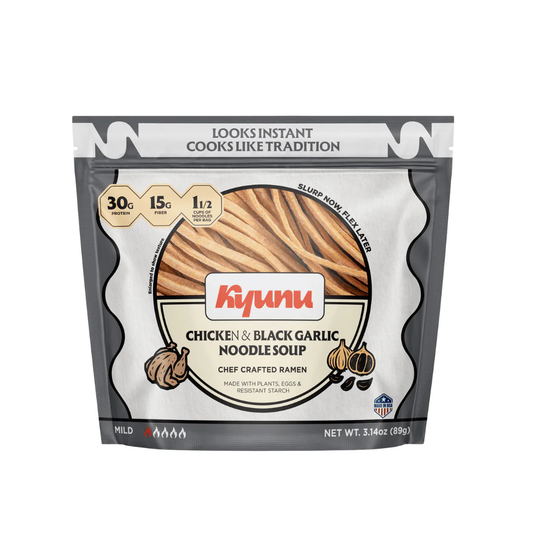 Kiyunu chicken and black garlic noodle soup package on a white background