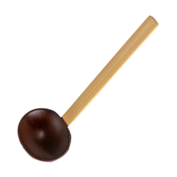 A traditional wooden ladle with a dark brown bowl and a light natural bamboo handle, shown diagonally on a solid white background.