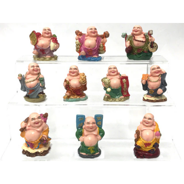 Ten colorful laughing Buddha statues, each having a different pose