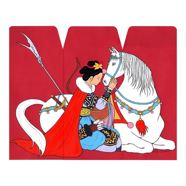Illustration of a warrior in traditional attire with a white horse on a red background