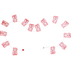 Decorative string with red and white cat-shaped ornaments on a white background