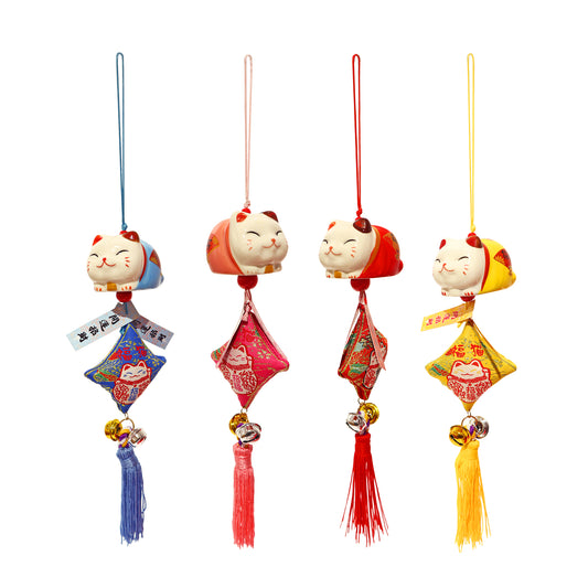 Lucky Cat Bell Ornament with Diamond Shape Brocade Amulet in blue, orange, red, and yellow
