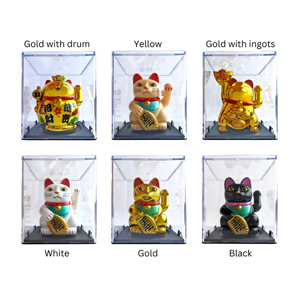 Waving Solar-Powered Lucky Cat Figurine in Clear Case - Assorted