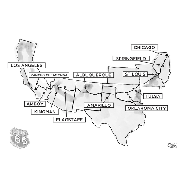 Map of the United States with labeled cities and Route 66 sign.