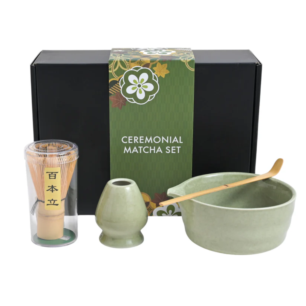 Ceremonial Matcha 4-Piece Tea Set with Bowl, Whisk, Stand, and Scoop - Green