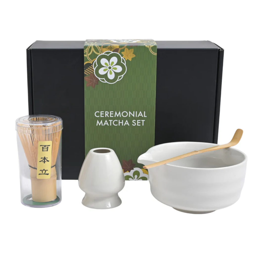 Ceremonial Matcha 4-Piece Tea Set with Bowl, Whisk, Stand, and Scoop - White