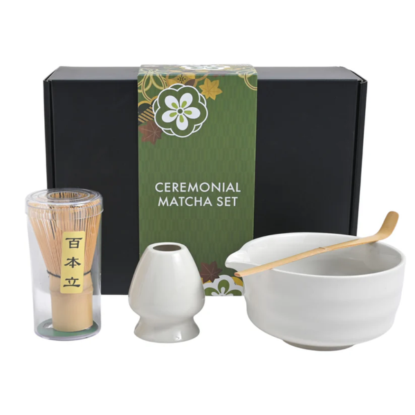 Ceremonial matcha set with bowl, whisk, and container in front of a green box labeled 'Ceremonial Matcha Set'.