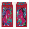 Two colorful envelopes with a stylized horse design on a red background.