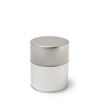 Silver cylindrical container on a white background