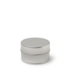 Silver cylindrical container with a lid on a white background