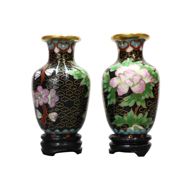 Two black cloisonne vases on stands