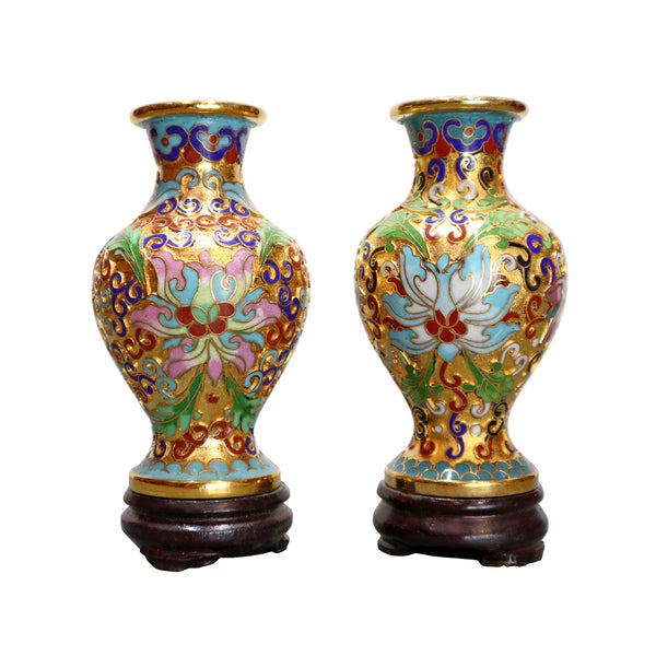 Mini Cloisonne Vases - Gold with Lotus Design (Pair)