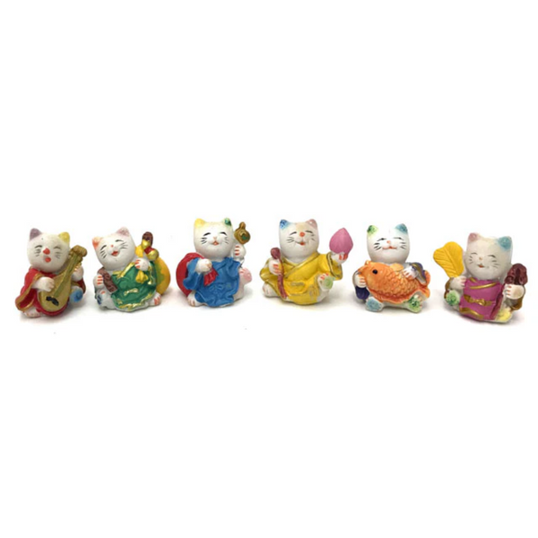 Set of 6 colorful mini lucky cat in assorted colors and poses taken off of the wooden stand