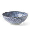 Ceramic bowl with blue geometric pattern on a white background