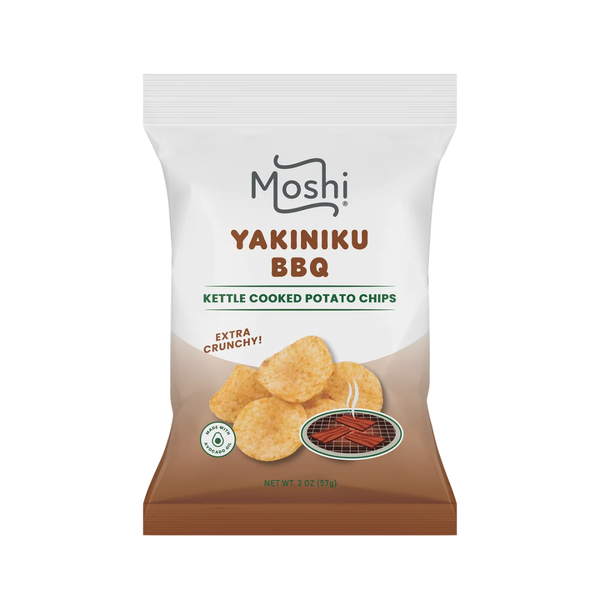 A 2 oz bag of Moshi Yakiniku BBQ Kettle Cooked Potato Chips on a plain white background.