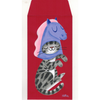 Cat wearing a horse head mask on a red background with 'Nellie' signature.