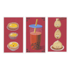 Three cartoon illustrations of food items on a red background