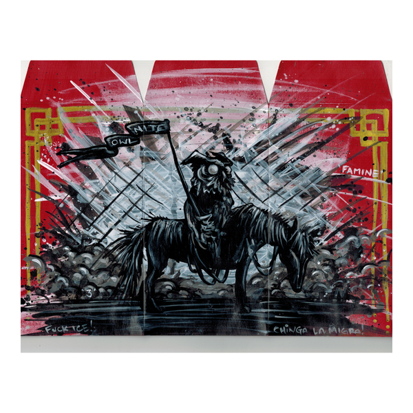 Artistic depiction of a horse with abstract elements and text on a red background