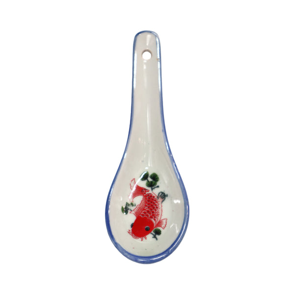 Ceramic Soup Spoon - Off-White with Koi and Blue Edge