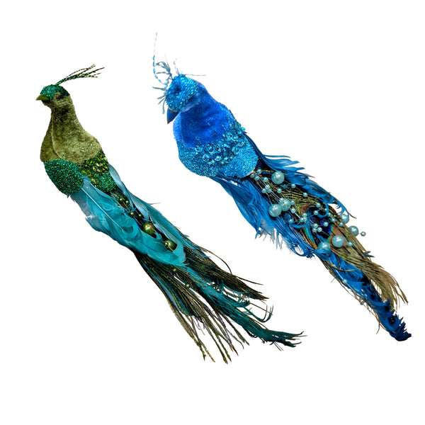 Two peacock ornaments, one green and one all blue