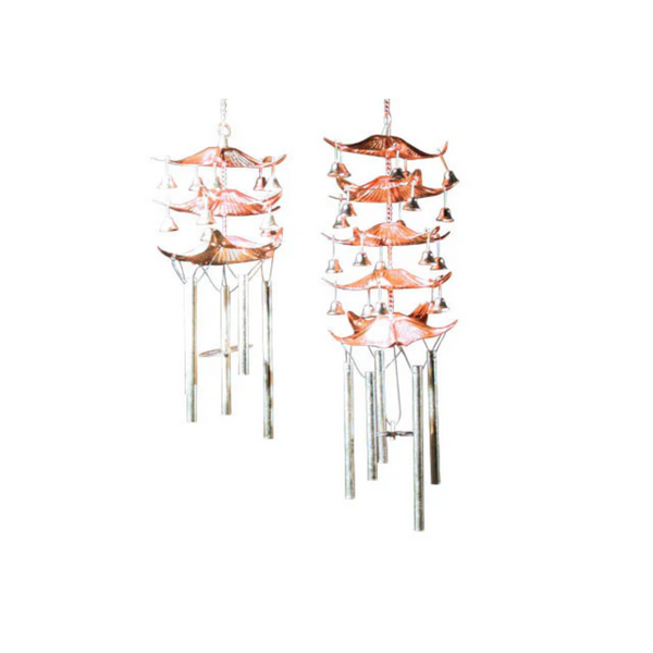 Two copper pagoda wind chimes. The one on the left has three tier, the right has five