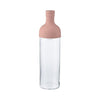Clear glass bottle with a pink lid on a white background