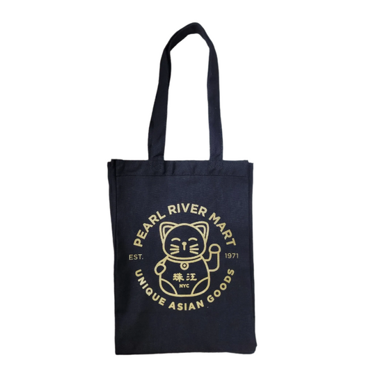 Cute black tote bag with Pearl River lucky cat in gold