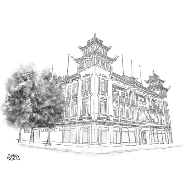 Line drawing of a traditional building with intricate details