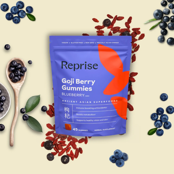 Bag of Reprise Goji Berry Gummies surrounded by blueberries