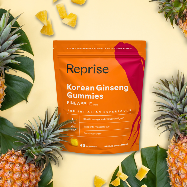 Bag of Reprise Korean Ginseng gummies surrounded by pineapples