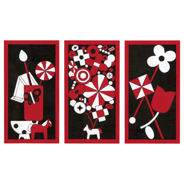 Three abstract art panels with red, white, and black designs on a white background