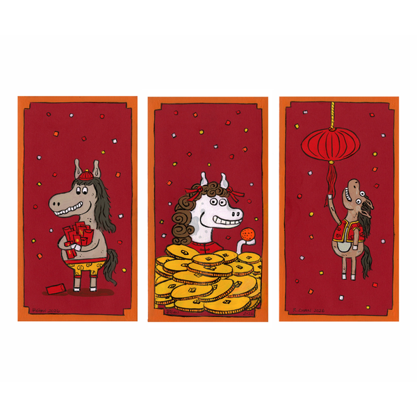 Three cartoon horse illustrations on red backgrounds with decorative elements.