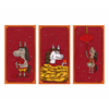 Three cartoon horse illustrations on red backgrounds with decorative elements.