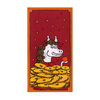 Cartoon character with a stack of coins on a red background