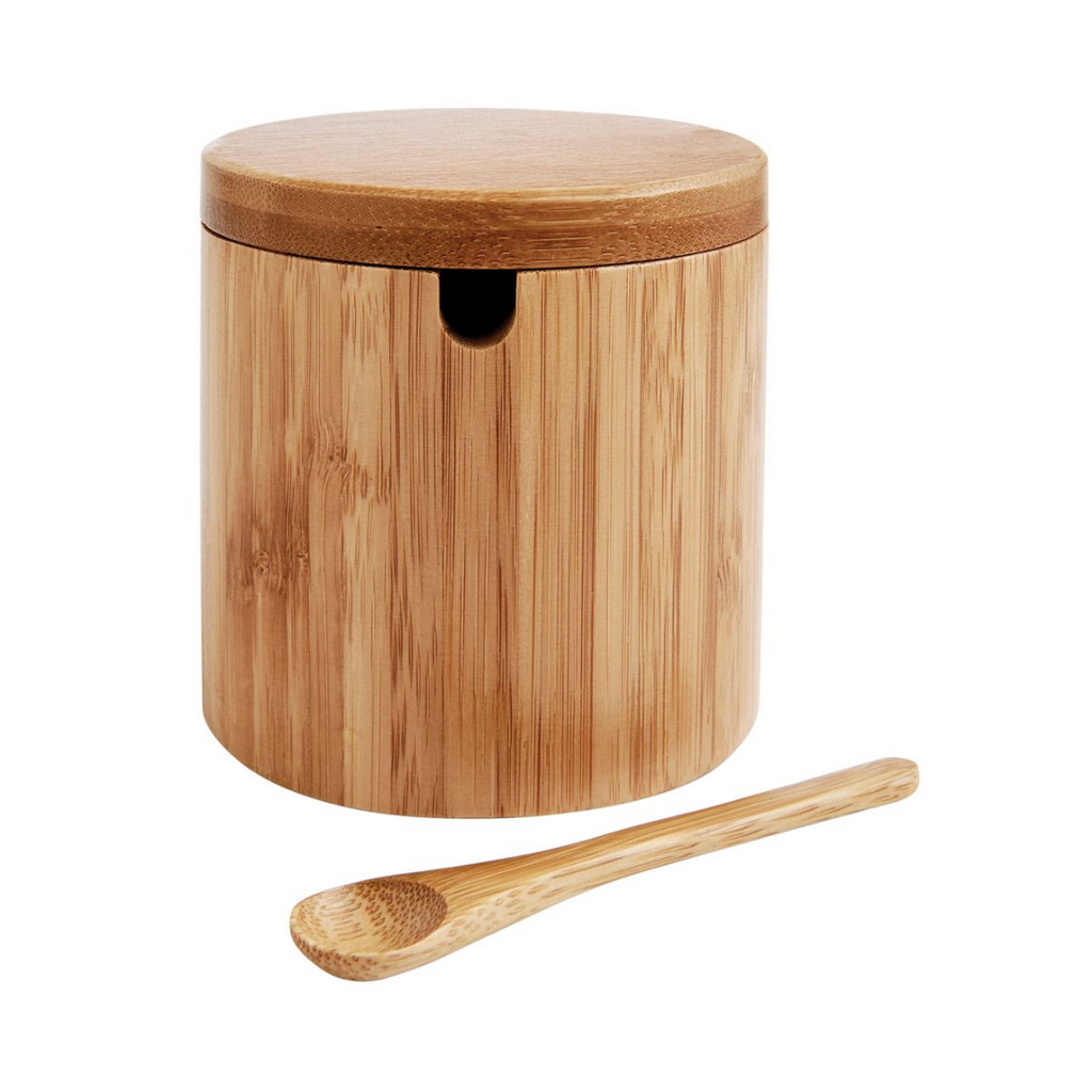 Natural Bamboo Salt Box with Swivel Lid and Spoon