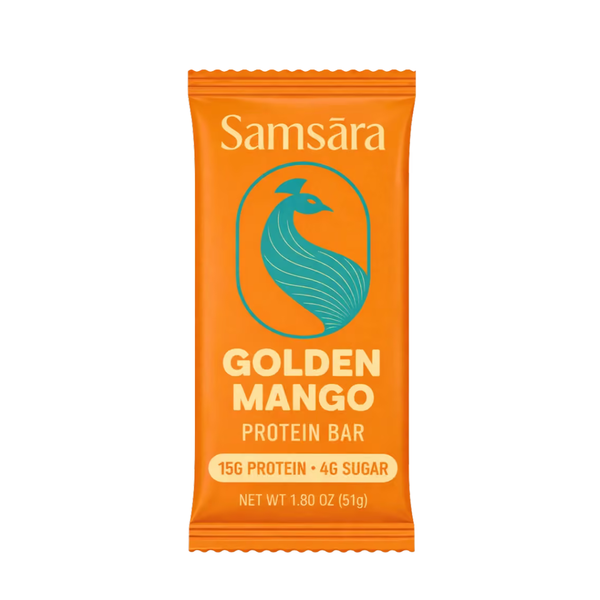 Samsára Golden Mango Protein Bar in a bright orange wrapper with a teal peacock logo and white text, centered on a plain white background.