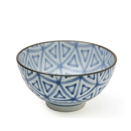 Ceramic bowl with blue geometric pattern on a white background