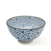 Ceramic bowl with blue geometric pattern on a white background