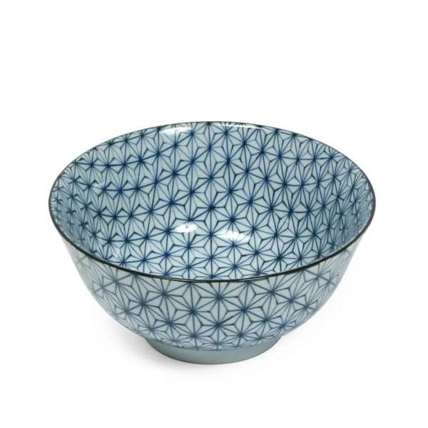 Ceramic bowl with blue geometric pattern on a white background