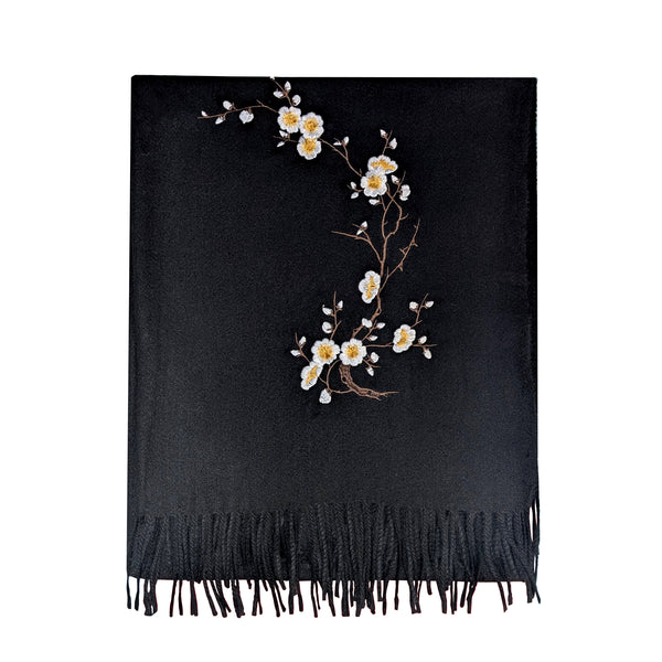 Scarf with Plum Blossom Embroidery - Black