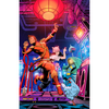 Colorful illustration of Monkey King, woman, and chicken dancing