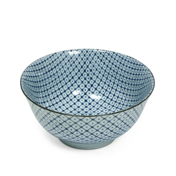 Blue patterned ceramic bowl on a white background