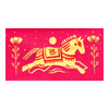 Decorative card with a yellow horse and floral designs on a pink background