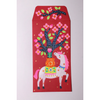 Decorative red envelope with a horse and floral design on a white background