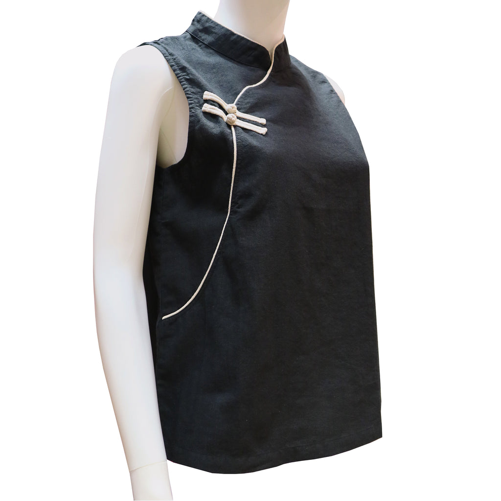 Sleeveless Top with Mandarin Collar and Pankou Buttons - Black