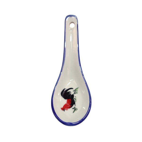 Ceramic Soup Spoon - Off-White with Rooster and Blue Edge